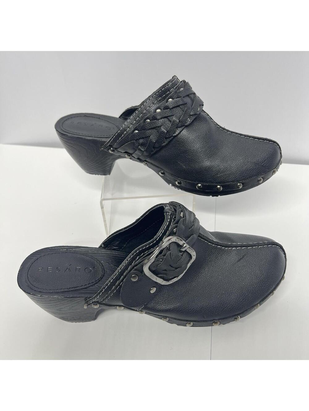 Pesaro Delaney Black Clogs Mules Size 8 Studded Braided Buckle Y2K Boho Goth Vtg